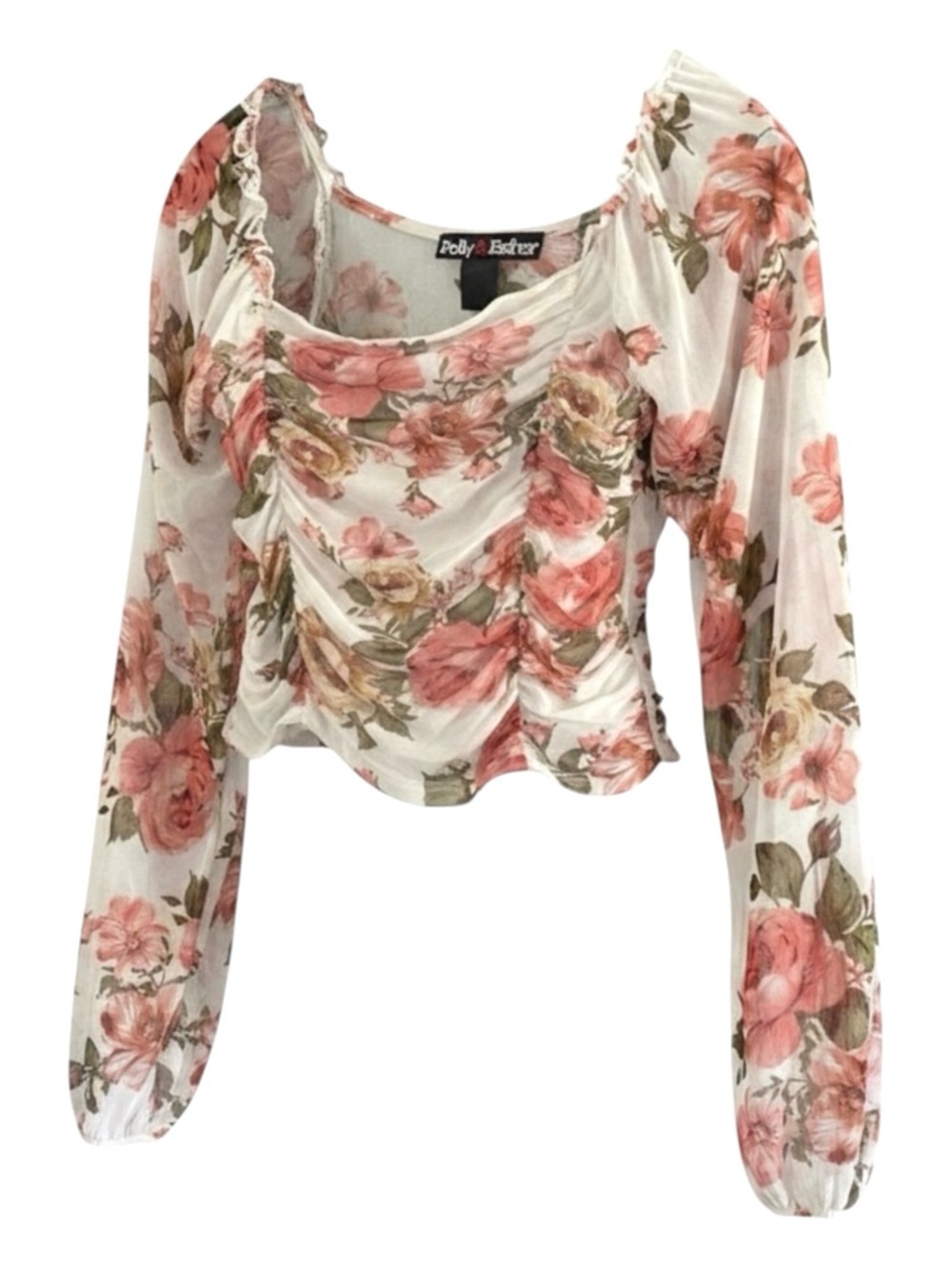 Floral Mesh Ruched Crop Top M Sheer Long Sleeve Y2K Coquette Fairycore Romantic